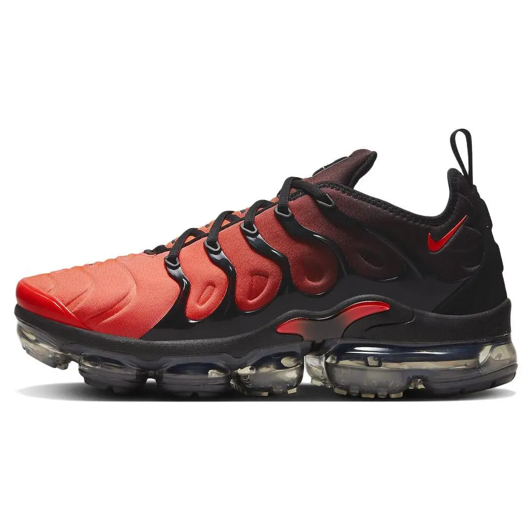 NIKE Air VaporMax Plus Athletic Running Shoes, Black Crimson Gradient, Lightweight Breathable Mesh for Daily Wear, Breathable Running Sneakers, Lightweight Running, Casual, Workout Sneakers, True Size, Cushioned, Rubber