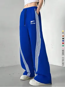 2026 Spring Summer New High Waist Striped Wide Leg Pants, American Street Style, the Star Print, Slimming Fit, Multiple Colors Available, Athletic Activewear