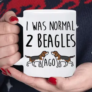 1pc 11oz Ceramic Coffee Mug with "I Was Normal 2 Beagles Ago" & Bouncing Dogs Design | Reusable
