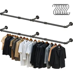 64.9in Industrial Pipe Wall Mounted Clothes Rack, Duty Detachable Iron Garment Bar, Rustic-Saving Rod for Bedroom, Closet – Black