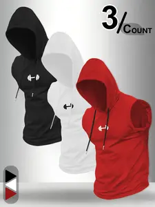 Men's 3-piece hooded sports vest with dumbbell print and minimalist gym logo sleeveless hoodie, slim fit for training, running, and basketball, durable and eye-catching print suitable for fitness enthusiasts, Athletic Training Tops