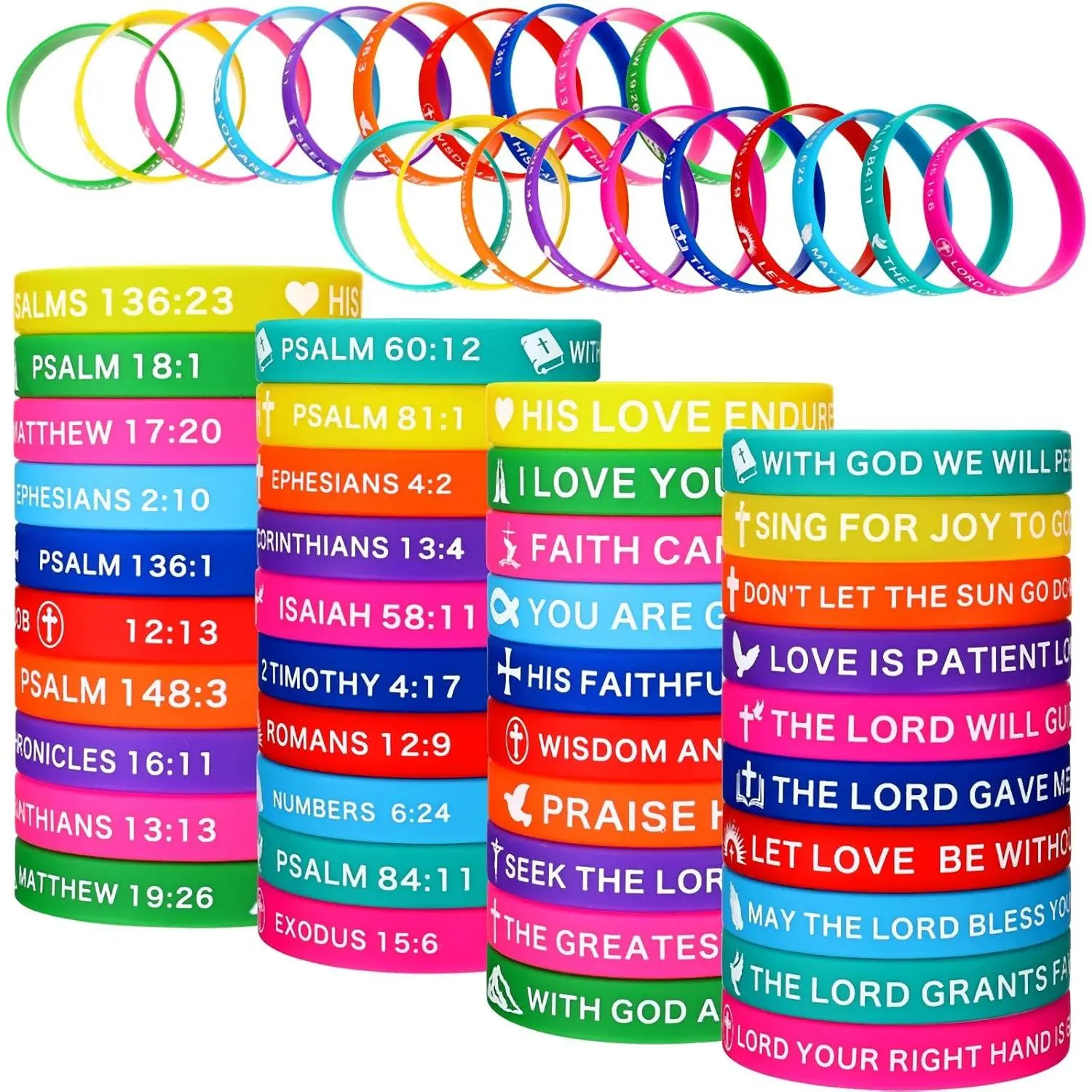 60 count Religious  Bracelets Bulk  Verse Bracelet Motivational Christian Rubber Bracelets  Wristbands Inspirational Gifts for Men Women(Bright Colors)