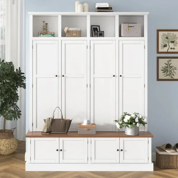 76.7-in Farmhouse Hall Tree with Storage Bench, Multi-Compartment Large-Capacity Cabinet, 4-in-1 Entryway Organizer with Coat Rack, Hooks & Open Cubbies for Hallway, Mudroom, Multi-Compartment Cabinets, Large-Capacity Cabinets