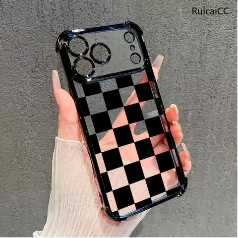 Protective Black Checkered TPU Material Smartphone Case for Multi-Model iPhones (18 Pro Max,17 Air,16 Pro Max,15,14 Plus,13,12,11) - Shockproof, 4-Corner Drop-Protection, Camera Protector, Light Yet Tough, Durable Simple Stylish Cellphone Accessory