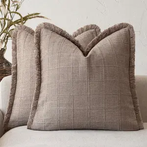 Set of 2 Decorative Linen Check Fringe Throw Pillow Covers Farmhouse Vintage Cushion Covers Modern Boho Home Decor for Sofa Chair Couch Bedroom Living Room