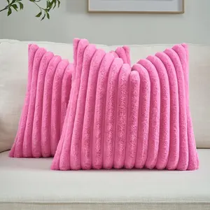 Pack of 2 Solid Faux Fur Plush Throw Pillow Covers 18x18 Inch Soft Fluffy Striped Decorative Cushion Cases Modern Farmhouse Accent for Couch Bed Living Room, Hot Pink