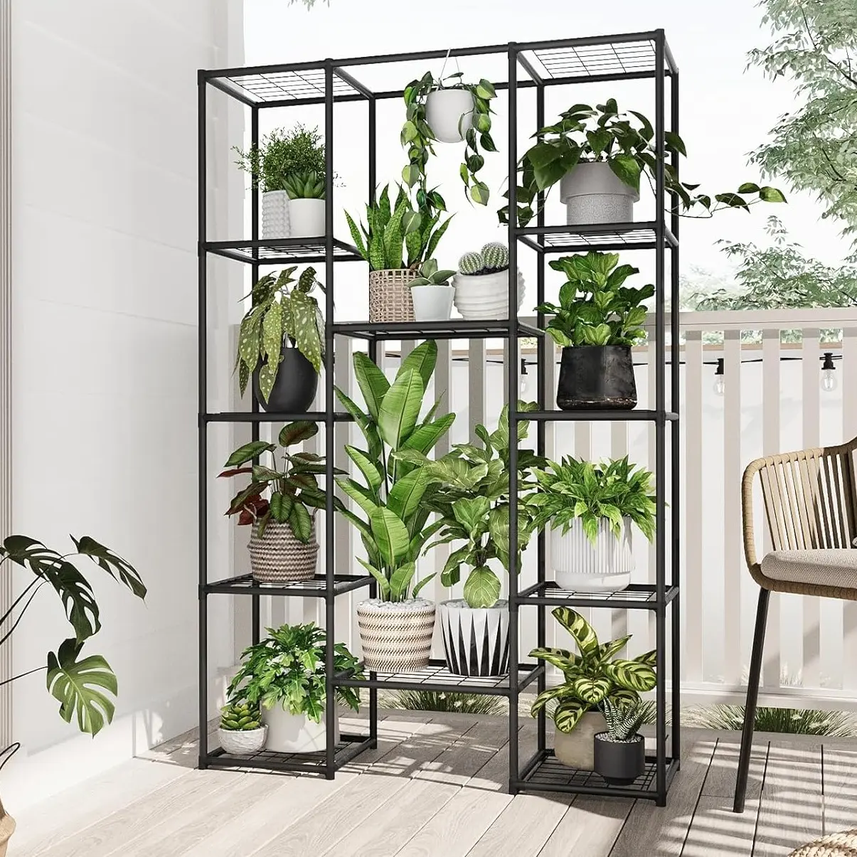 Bamworld Large Black Metal Frame Hanging Plant Rack - Waterproof Dual-Use Flower Holder, Patio-Ready Balcony Garden Rack with Secure Hanging Keeps Pots Steady, Home & Garden Vertical Accessory