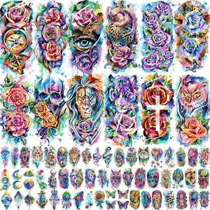 65 Sheets Watercolor Peony Rose Floral Temporary Tattoos For Women Arm Shoulder, Groovy Compass Flower Fake Tattoo Owl Blue Tribal Eye Skull Tiger, Long Lasting Tatoos Sleeve Angel Girls Adults