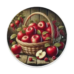 1 Piece Vintage Apple Harvest Round Metal Wall Decor - Country Farmhouse 8inch (. 87inch ) Aluminum Sign With Red Apple, Green Leaves And Berry Basket Design - Durable Indoor/Outdoor Decoration For Ho