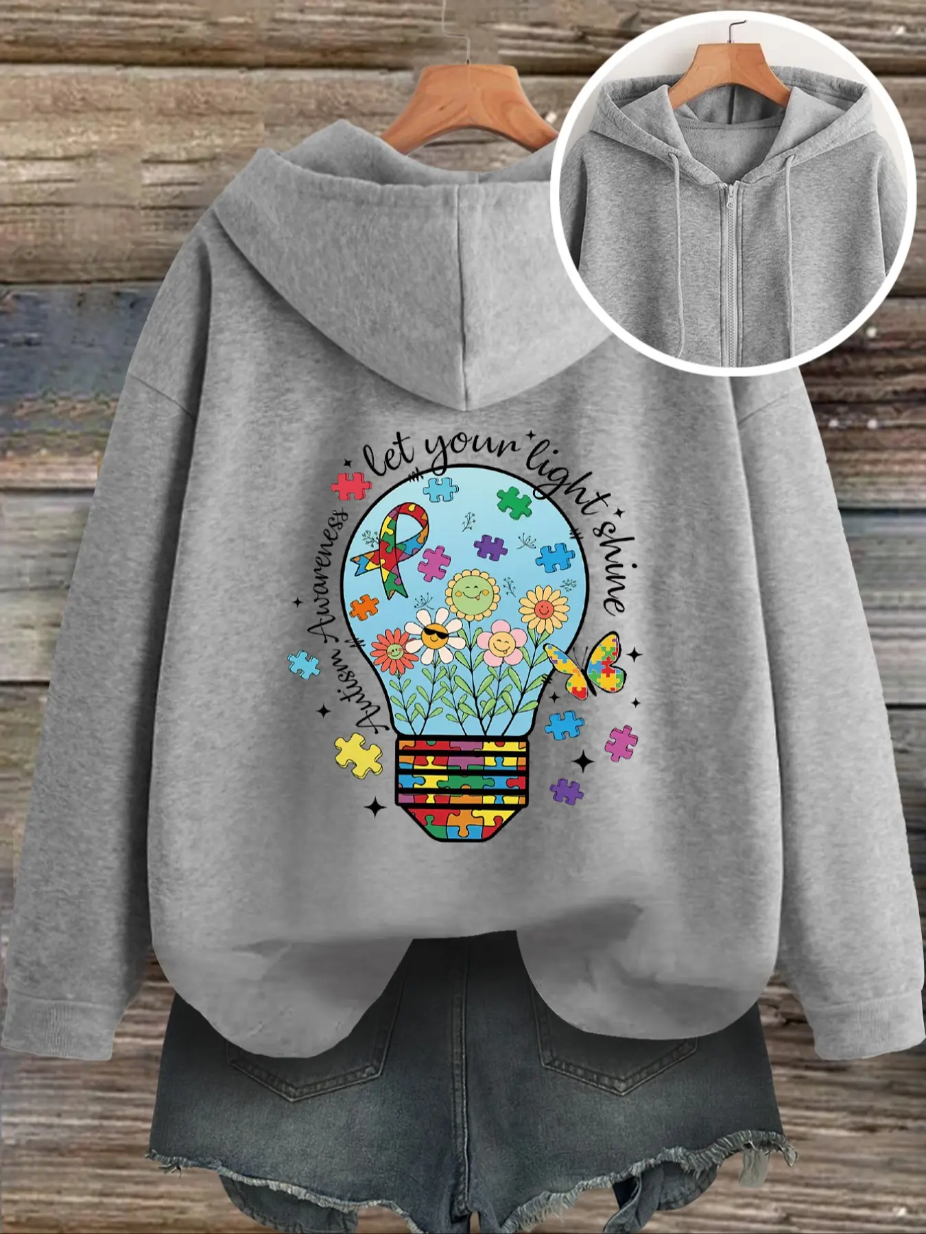 Autism Awareness Hooded Zipper Sweatshirt, Creative Aesthetic Graphic Puzzle Print Casual Top Long Sleeve, Autumn Winter Women's Fashion, Fitted Medium Fabric Womenswear