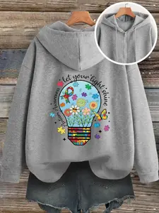 Autism Awareness Hooded Zipper Sweatshirt, Creative Aesthetic Graphic Puzzle Print Casual Top Long Sleeve, Autumn Winter Women's Fashion, Fitted Medium Fabric
