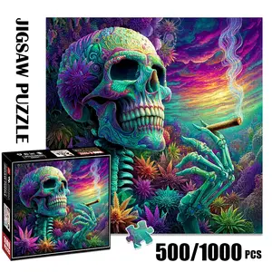 1pc 1000 piece adult puzzle 58x58cm Colorful Skull Smoking Cigar in Floral Landscape 500 pieces paper jigsaw puzzle suitable for DIY creative games for adults and families, birthday and holiday stres