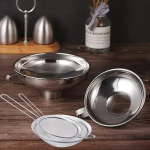 Stainless Steel Funnels and Leakge Spoon Set, with Fine Mesh Strainer, Household Funnel Kitchen Canning Funnels with Stainless Steel Colander, for Bottles, Transferring Jam, Oil, Spices