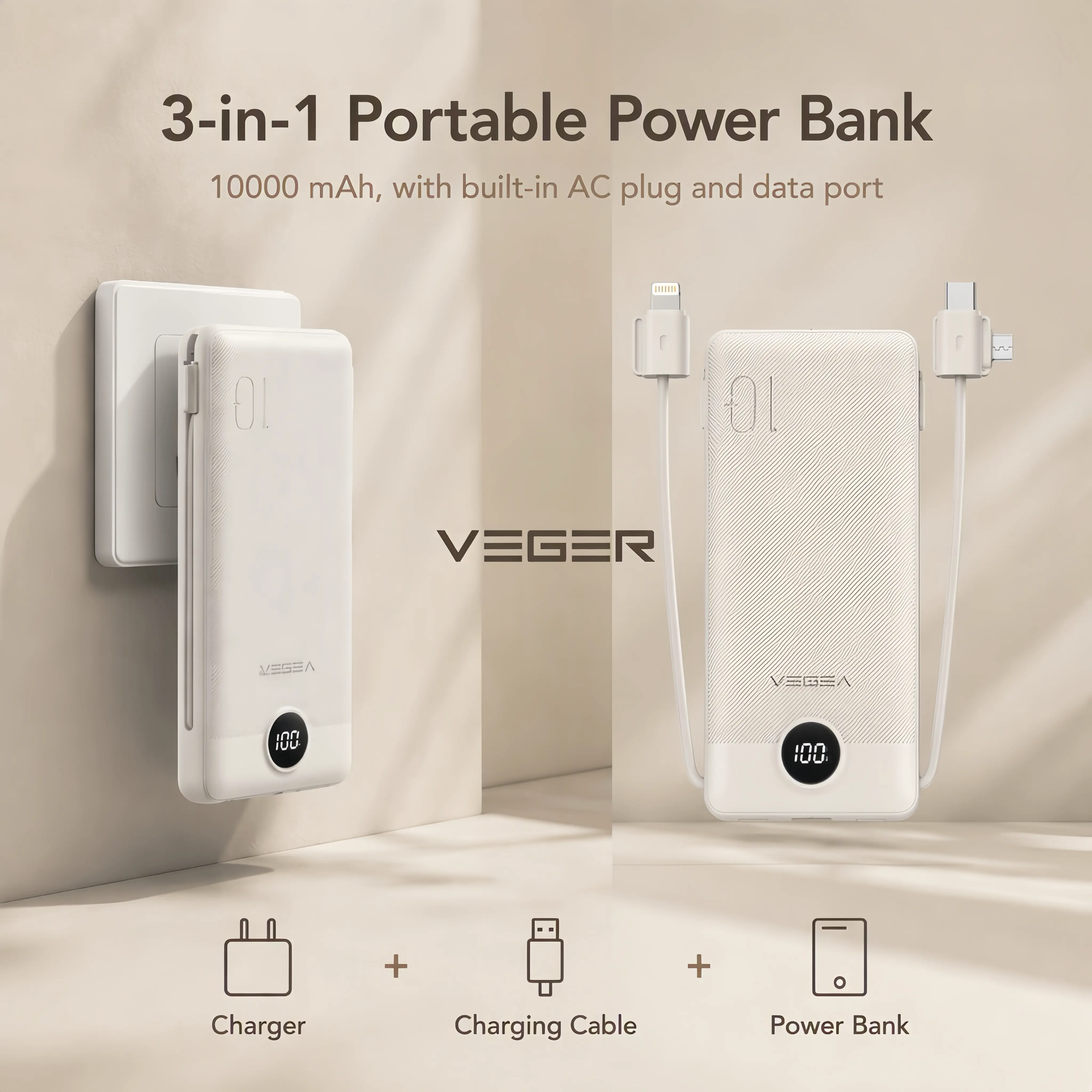 VEGER 10000mAh Ultra Slim All-in-1 Portable Charger - Built-in AC Plug & Cables, Fast Charging Mobile Accessories for Smartphone Emergency Power, Travel Charging Solution Compatible with iPhone, Samsung, Android, Digital Devices