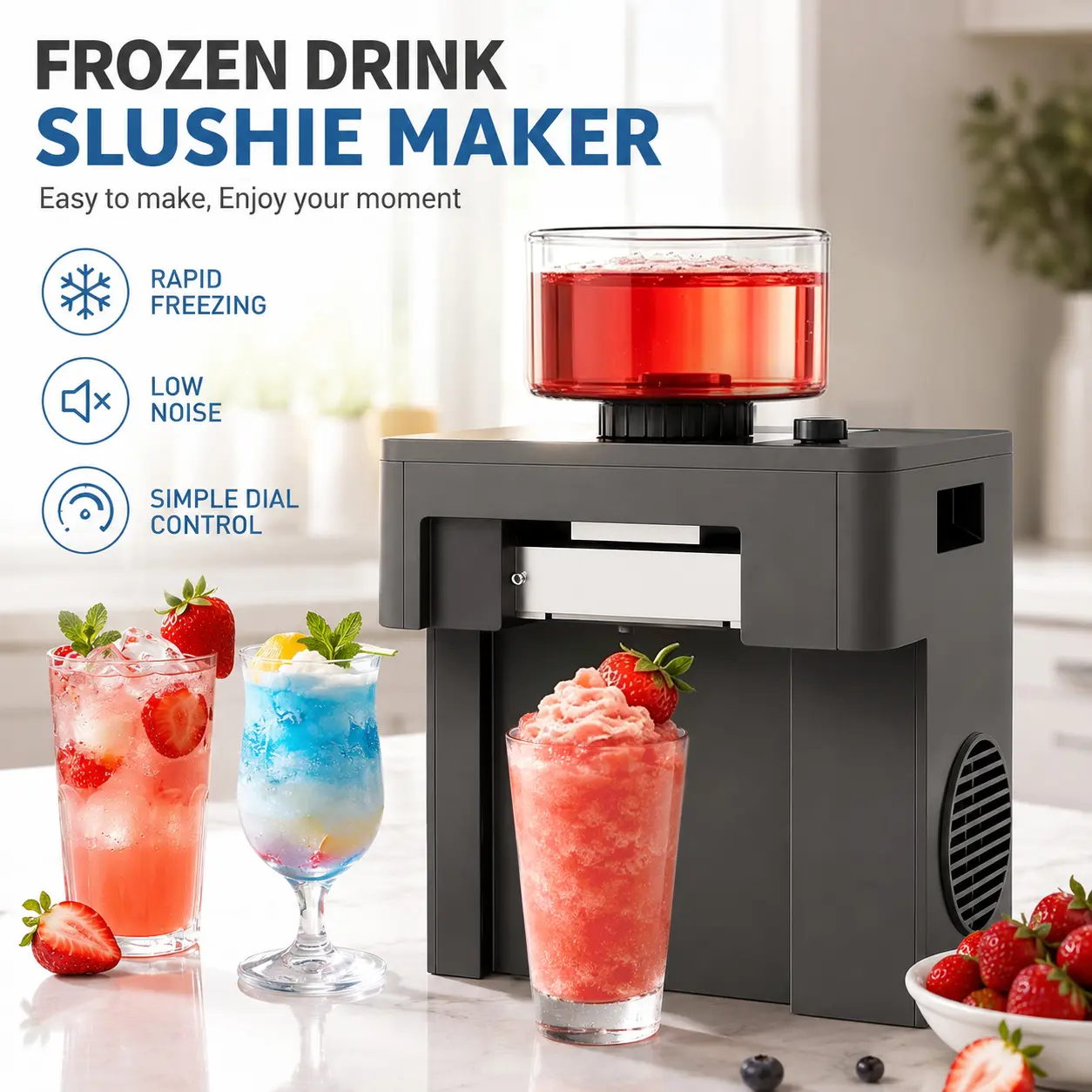 Slushie Machines for Home, 60s Fast Slushie & Snow Cone Maker, No Pre-Freezing, 15 Textures, All-Drink Compatible, 50dB Quiet, 1-Touch Self-Cleaning, Compact for Parties & RVs