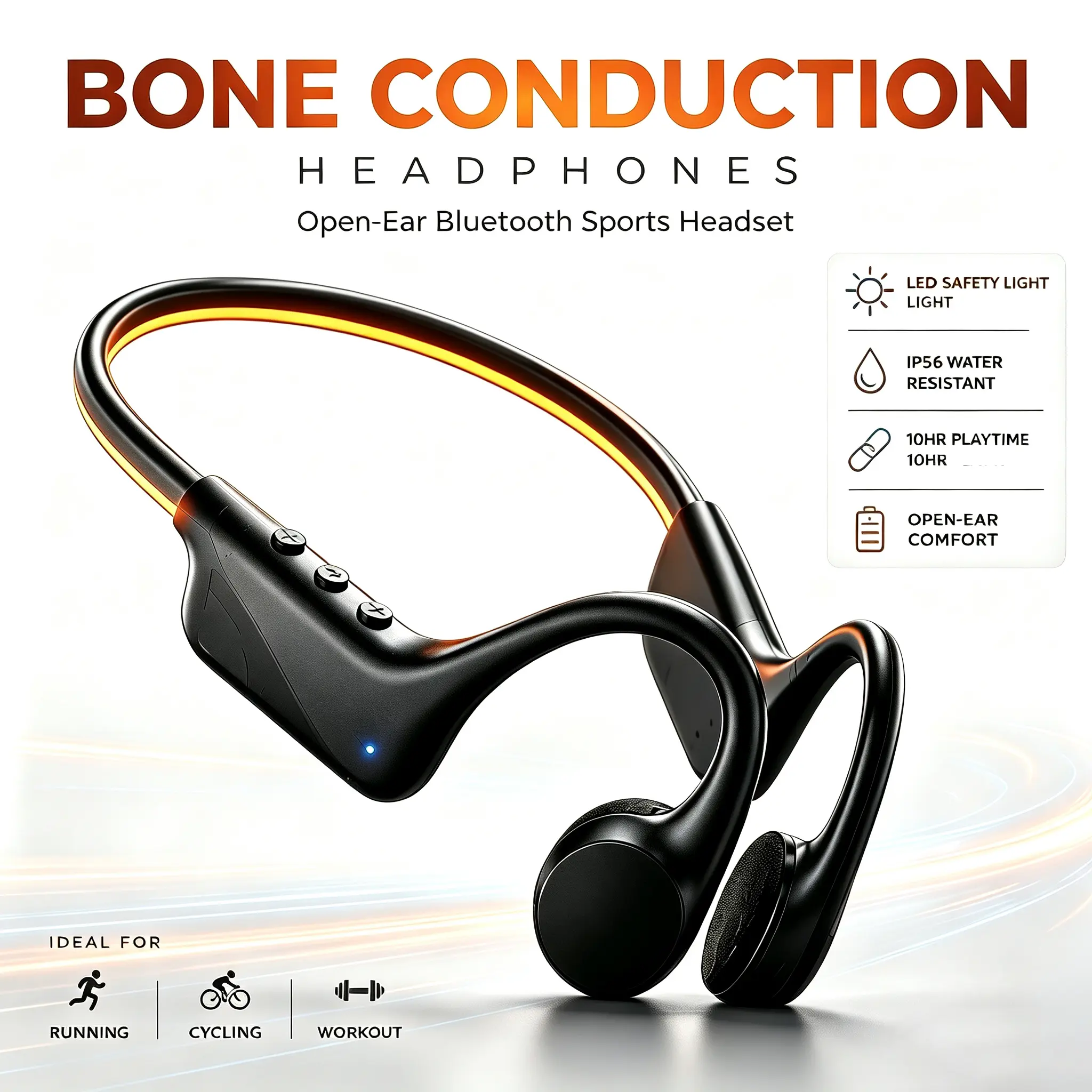 SummerFinds,Bone Conduction Headphones with LED Safety Light,Open-Ear Bluetooth Sports Earbuds with Mic,IP56 Water Resistant Headset for Workout and Running, 10hr Playtime,Dual Device Connection,Ideal for Night Running & Fitness