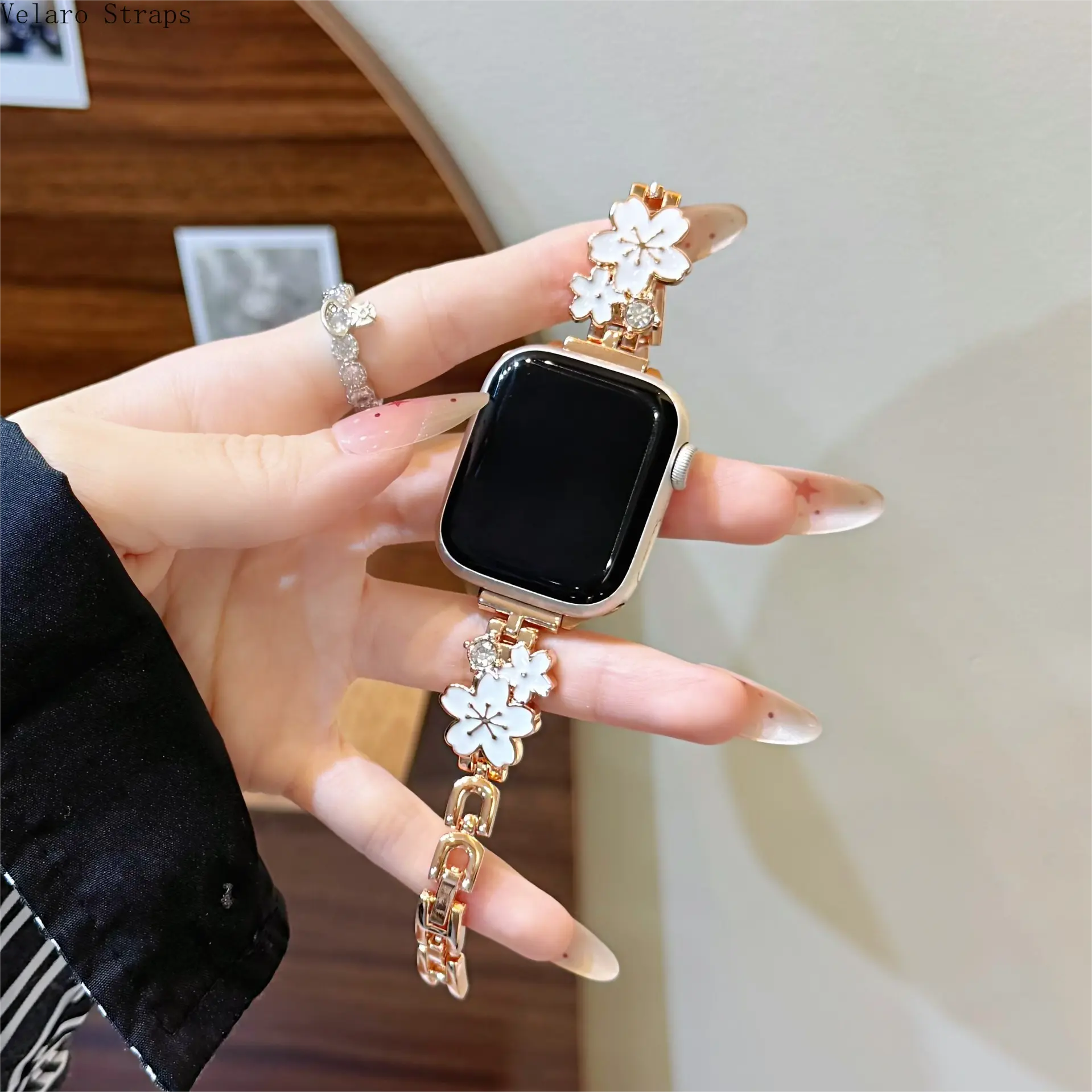 2026 New Cute Sparkle Diamond Floral Silver-White Metal Alloy Epoxy Double Peach Blossom Bag Strap - Adjustable Wearable Tech Accessory, Smartwatch Replacement Strap, Smartwatch Accessories, Wearable Tech Accessories