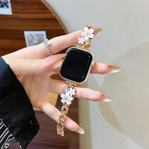 2026 New Alloy Epoxy Double Peach Blossom Flower Watch Strap, Adjustable Wearable Elegant Floral Bracelet Replacement Accessory for All Smart Watch Series