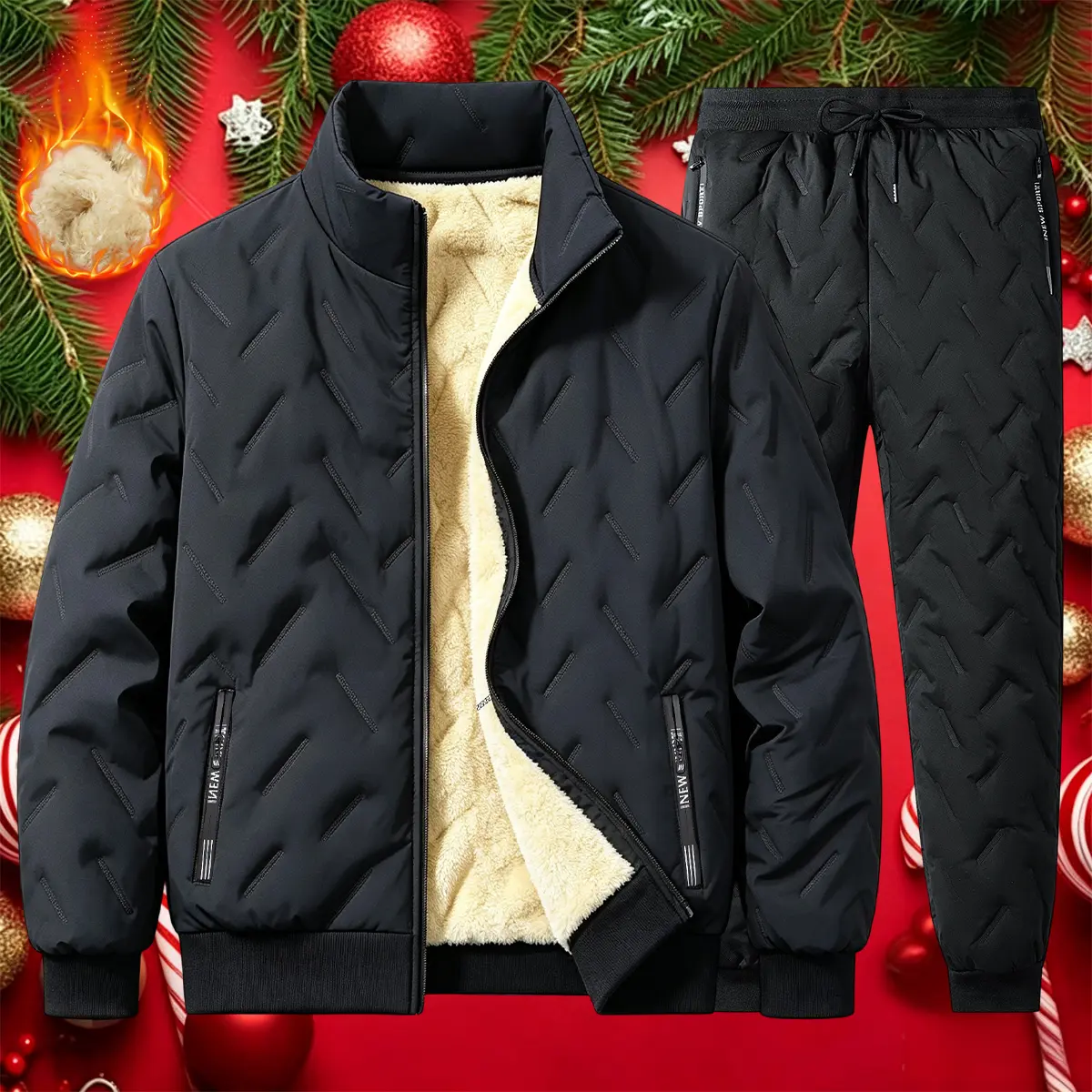 Men Thick Sherpa Lined Quilted Tracksuit Two Piece Set, Winter Casual Outdoor Walking Streetwear Outfit, Grab This All-in-one Outfit To Keep Warm & Look Great In Cold Days
