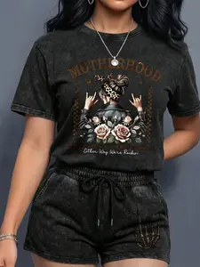 Women's Casual Two-Piece Set, Cool Mom Geometric Print, Vintage Street Style, Washed Fashion, Perfect for Holidays, Travel, Beach, Surfing