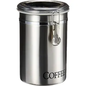 Stainless Steel Coffee Canister 62 fl oz - Airtight Clamp Lid, Clear See-Thru Top - Ideal for Coffee Bean Storage, Ground Coffee Storage, Kitchen Storage, Pantry Storage. Large Size 5" x 7.5".