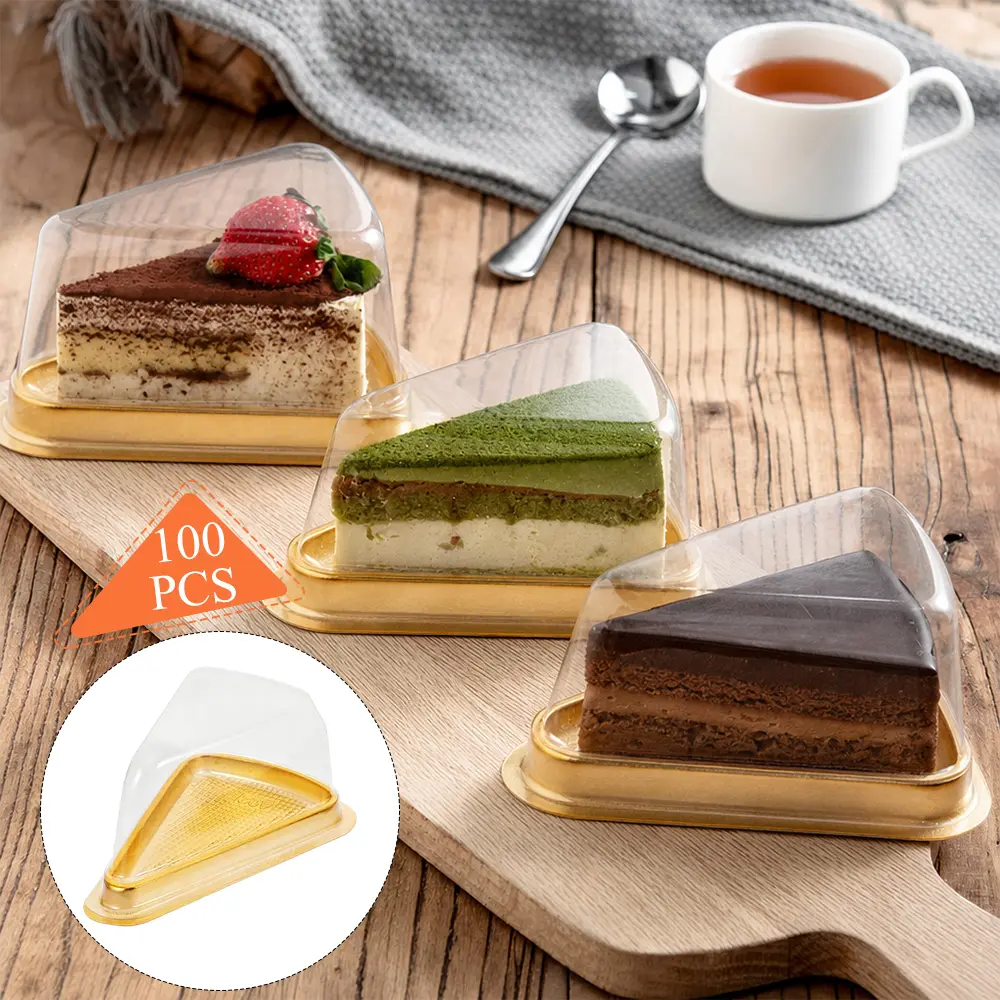 100 PCS Triangle Cheesecake Containers with Lids - Single Slice Clear Plastic Cake Boxes with Gold Base, Disposable Dessert Holders for Cheesecake, Tiramisu, Mousse Cakes