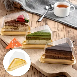 100 PCS Triangle Cheesecake Containers with Lids - Single Slice Clear Plastic Cake Boxes with Gold Base, Disposable Dessert Holders for Cheesecake, Tiramisu, Mousse Cakes