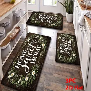 2/3pcs Soft Flannel Kitchen Mat Set, Deep Wood Grain Base, Home Sweet Home Slogan, Floral Wreath Design, Non-Slip, Absorbent