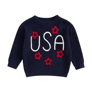 Toddlers Boys Girls 4th of July Sweater USA Letter Star Embroidery Long Sleeve Crew Neck Baby Knitted Pullover Tops