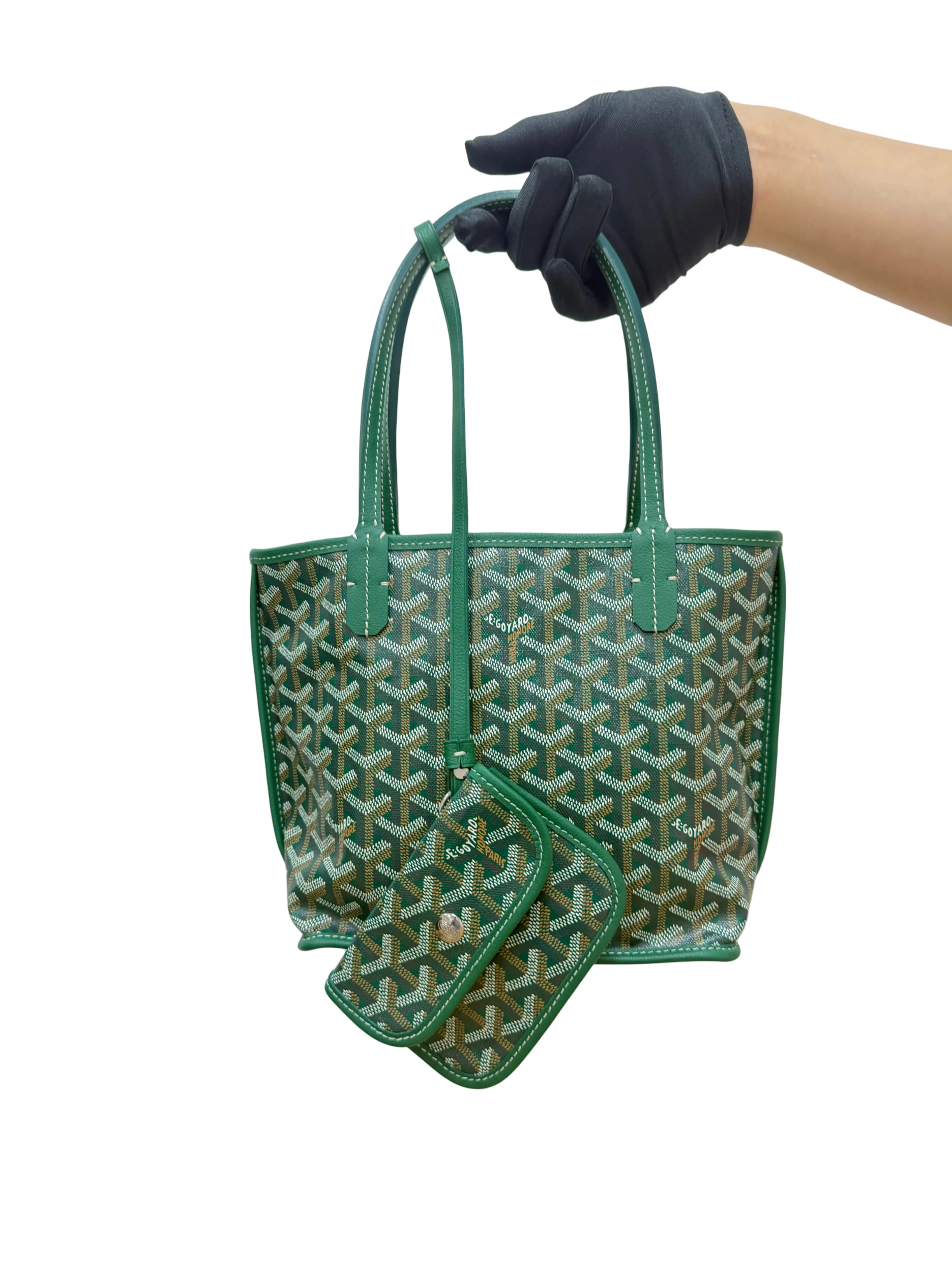 Pre-owned Goyard Mini Anjou Tote Green Goyardine Canvas Preowned Authentic Small Shoulder Bag with Detachable Pouch