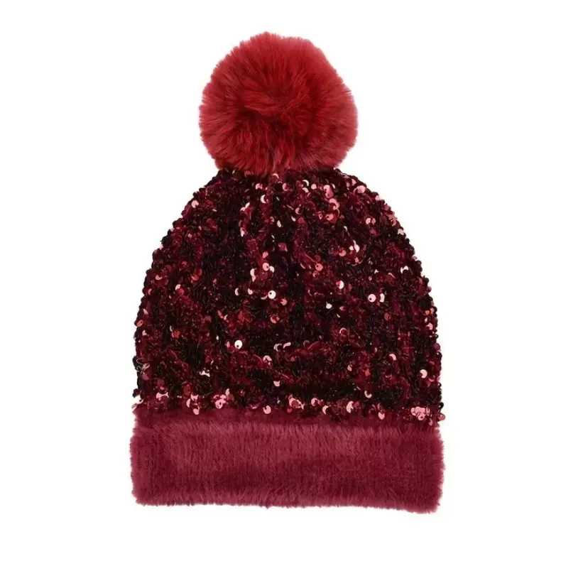 Sequin Glam Pom Beanie: burgundy winter hats