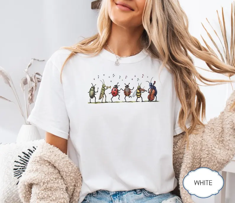 Women's Vintage Insect Music Graphic Tee Musical Bugs Illustration Tee