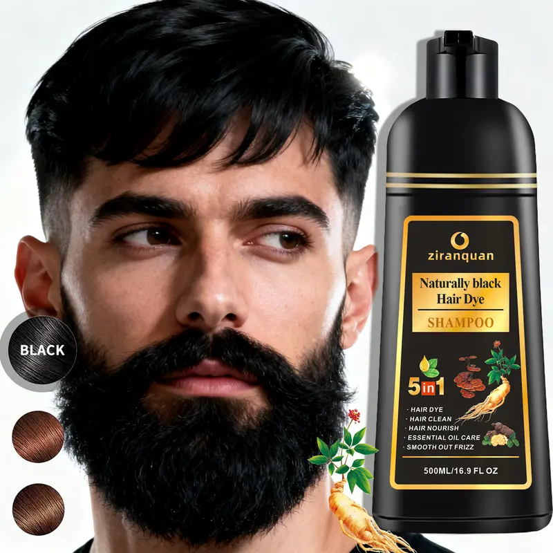 Mens Natural Black Hair & Beard Dye, Ammonia-Free with He Shou Wu | 15-Min Instant Gray Coverage (100% Even Tone) | Permanent Color Safe for Treated Hair, Non-Irritating for Facial Skin | 500ml Kit with Brush, At Home Use for Hair & Mustache