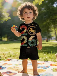 2026 Retro Chinese Style Horse Pattern Printed Infant Short Sleeve Set, Baby Casual Children's Clothing, Suitable for Daily and Outdoor Sports. 100% Polyester T-Shirt, A Perfect Gift for Infants!