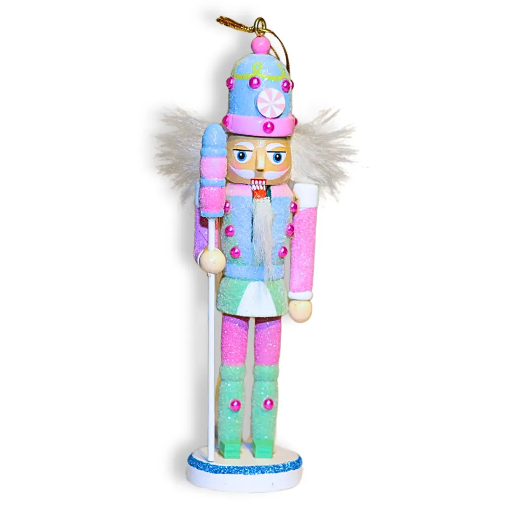 Pink Nutcracker Christmas Ornament by Kurt Adler, Wooden Glittery Decor for Xmas Tree, Sugar Plum Fairy 2024, Pink and Blue candy cane
