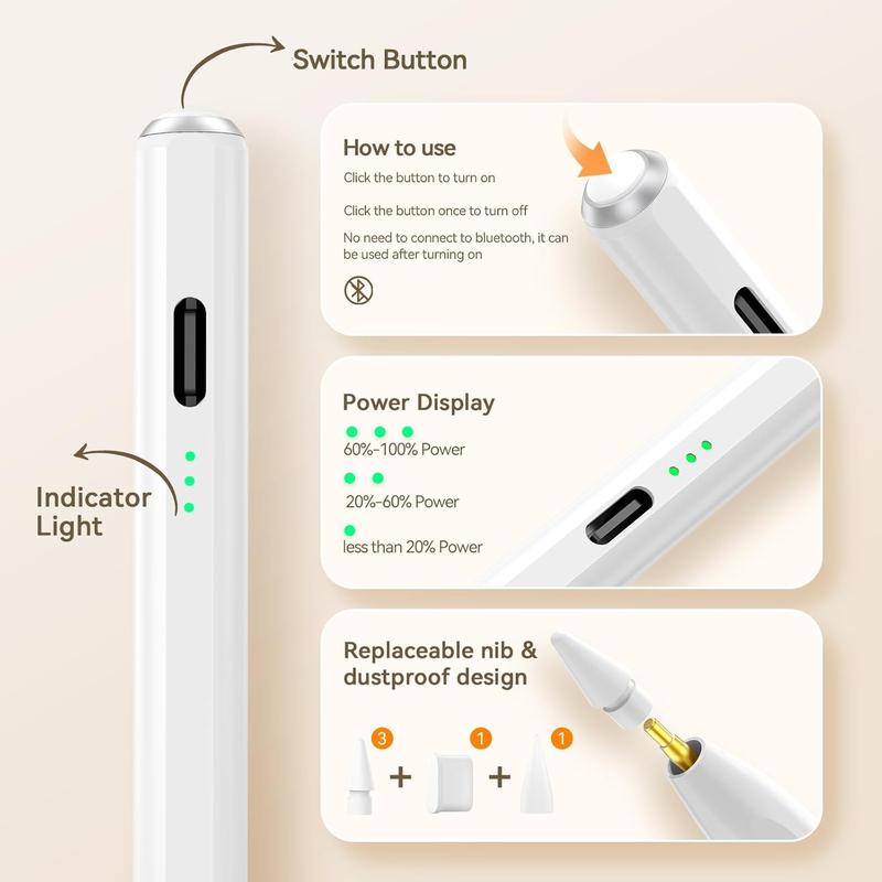 Stylus Pen for iPad 2025-2018 with 13mins Fast Charge Tilt Sensitive Palm Rejection Pencil for 11th A16 10th 9th 8th 7th 6th Air 11 13 M2 M3 Pro 11 13 M4 M5 Pro 12.9 Air 5 4 3 Mini 7 6 5