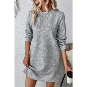Textured Round Neck Long Sleeve Mini Dress Casual Basic Womenswear Comfortable