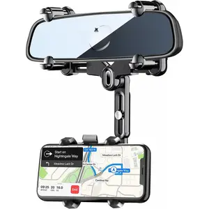 Rearview Mirror Phone Holder for , 360? Rotating Rear View Mount with Adjustable Arm Length, Upgraded Four Corners Fixed Anti-Shake Multifunctional Design for  Smartphones