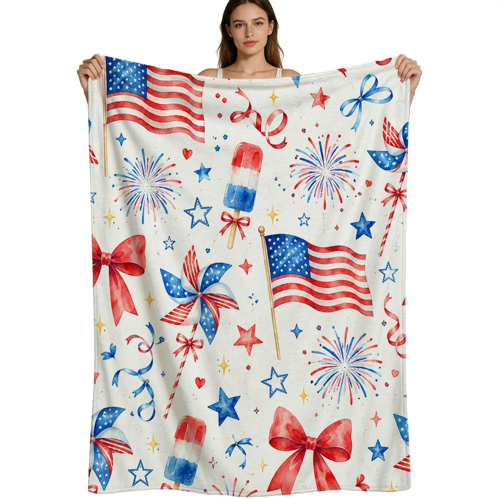 Patriotic American Flag Pattern, Warm Flannel Blanket, Red White Blue Stars Stripes Fireworks Design, Soft Watercolor Print Fabric, For Fourth Of July Home Decor Bed Sofa, 4 Sizes Available Single Pack