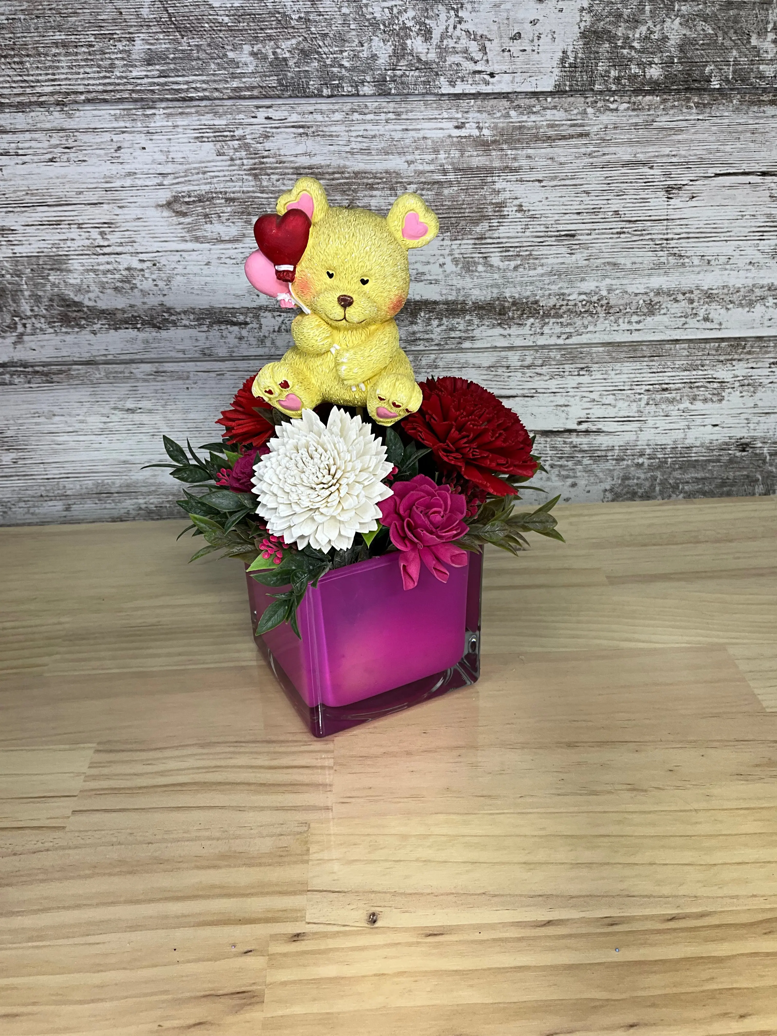 Love Bear Sola Wood Flower Bouquet with Balloon, Glass Vase - Home Decor Gift for Home Supplies Styling