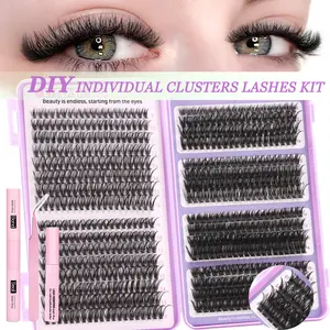 Mixed Curl Eyelash Cluster Set, Wispy Lashes, for DIY Extension,30D&40D&50D&60D&80D&100D  0.07mm D Curl, Mixed Lengths for Beginners, 9-16mm  Includes Bond&Seal&Remove&Eyelash Tweezers