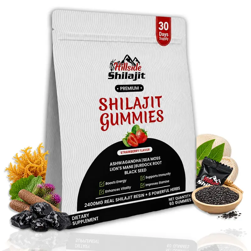 Hillside Shilajit Chewable Gummies - Organic, Halal, Natural 2400mg Pure Himalayan Shilajit with Ashwagandha, Lion's Mane, Sea Moss, Burdock Root, Black Seed - Vegan, Non-GMO, No Refined Sugar Herbal Energy Supplement - 60 Count (30-Day Supply)