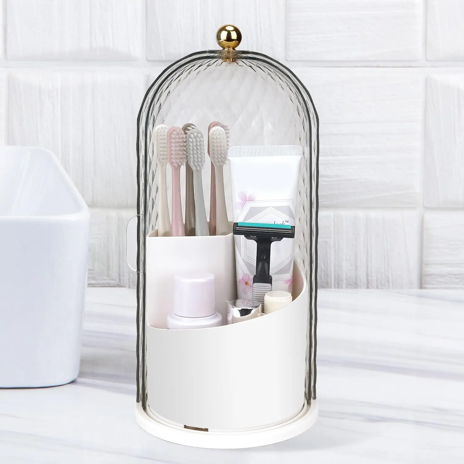 Holders with Sliding Lid, Rotating 3 Slots Bathroom Organizer Countertop,  Brush  Holder Bathroom Counter Stand  for Vanity Makeup Brushes Holder (White)