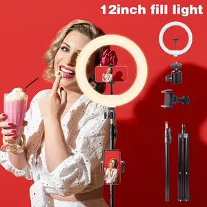 12" Ring Light upgrade with 43.4" Extendable Tripod Stand,Clip-on mobile phone fill light，LED Circle Lights with Phone Holder for Live StreamMakeup/YouTube Video/Tiktok, Compatible with AllPhones