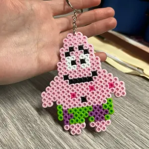 Patrick Star made out of Perler Beads keychain - Pink Character with Green and Purple Accents