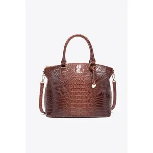 PU Leather Handbag - Brown Crocodile Pattern, Adjustable Straps, Two Handles, Classic Design