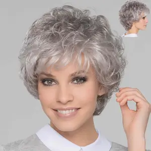 Short Grey Elderly Wigs Curly Wigs for White Women Gray Pixie Cut Wig with Bangs Layered Synthetic Natural Hairstyles Old Lady Costume Senior Ladies Wig