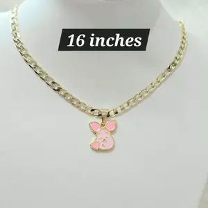 4mmx16inch Cadena cubana martillada con dije rosado. Perfecta para niñas y mujeres.