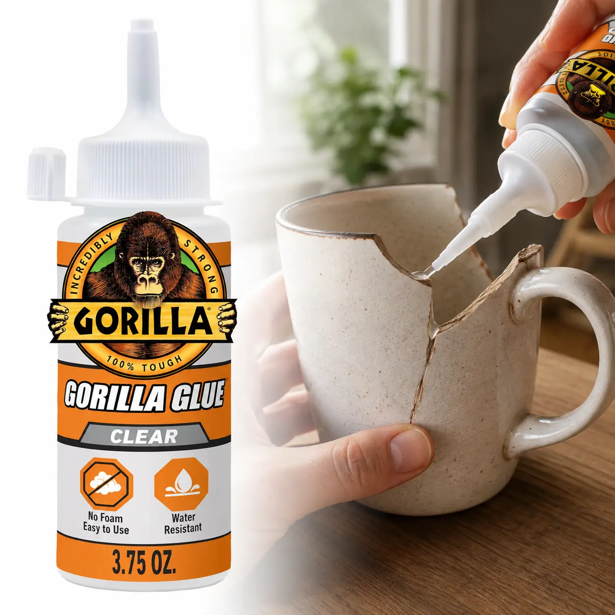 Gorilla 3.75 oz. Clear Glue,liquid formula,easy to use,high adhesion,flexible,fast setting,repositionable,no expansion,clean finish,coated wood,painted wood,glass decor,photo frames,ceramic ornaments,metal fixtures,leather accessories,paper art,foam board