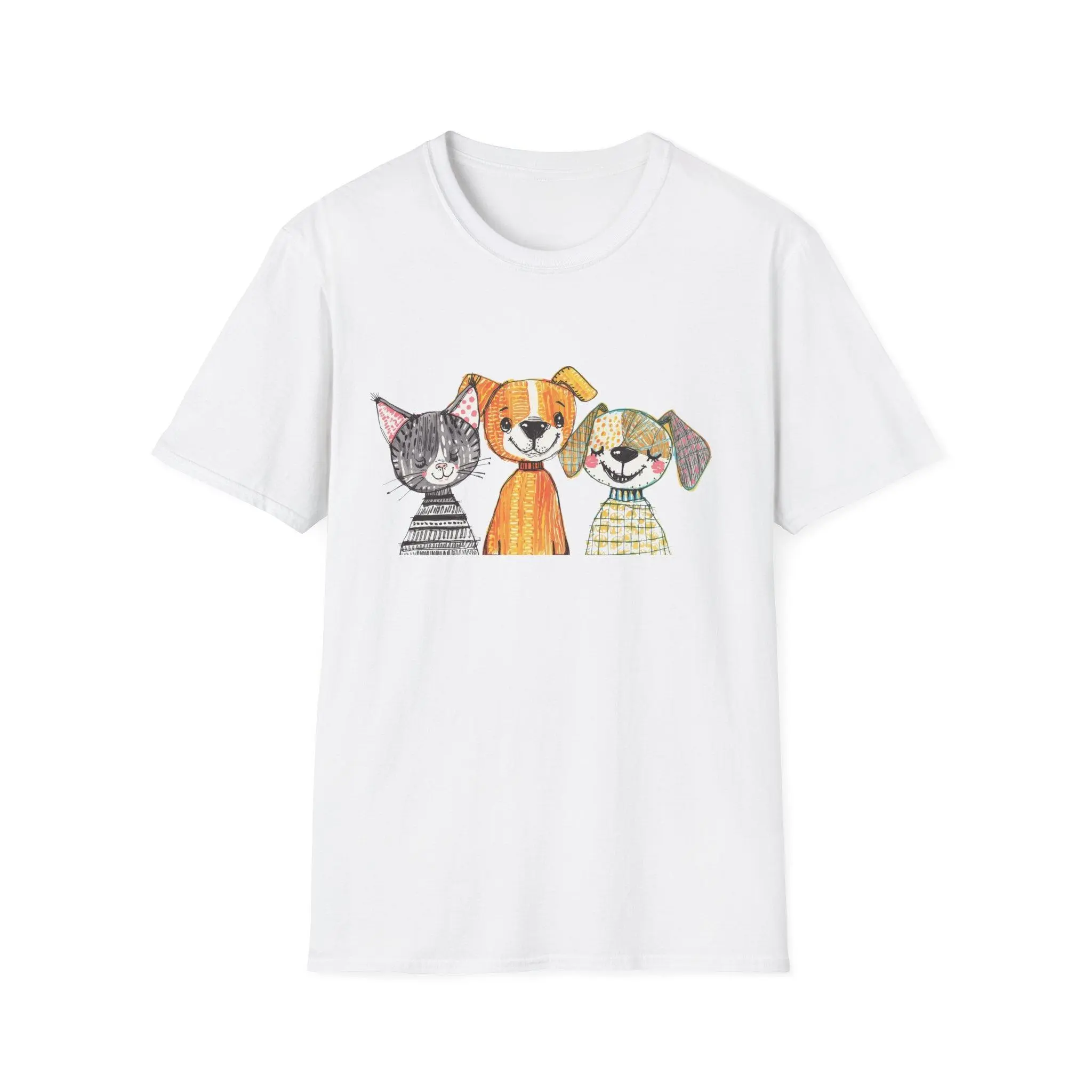 Hand-Drawn Cat and Dogs Cute Pet Trio T-Shirt Gildan 64000 Fitted Short Sleeve Crew Neck Casual Summer Tee for Animal Lovers Menswear